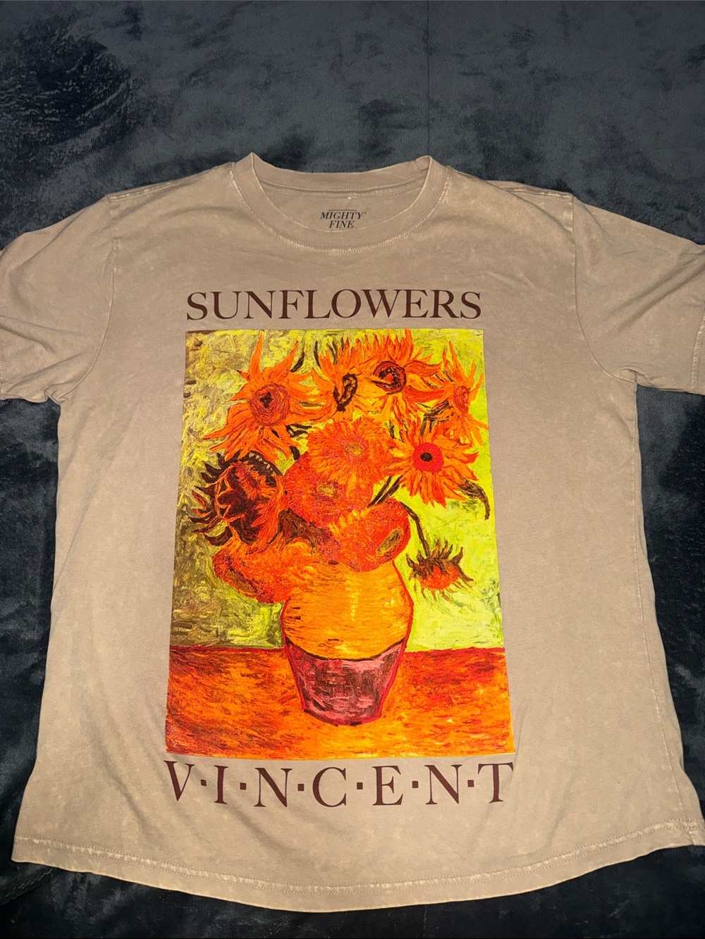 Mighty Fine Beige Tee with Orange and Yellow Sunflower Graphic